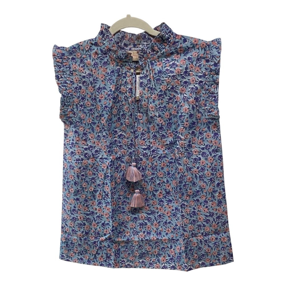 Rungolee Francesca Cotton Blouse Blue Floral Ruffle Tassel Top New S $189